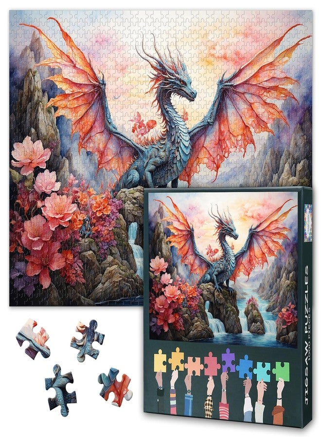 Rebotipy Dragon Jigsaw Puzzles for Adults 1000 Pieces, Winged Dragon Puzzles Back No Dust, Pink Landscape Home Decor Birthday Party Challenging Puzzles for Cognitive Workout 27.5" x 19.6"/70 * 50cm - Image 1